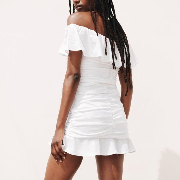 ZARA WHITE LINEN BLEND DRAPED DRESS WITH RUFFLES - Picture 6 of 10